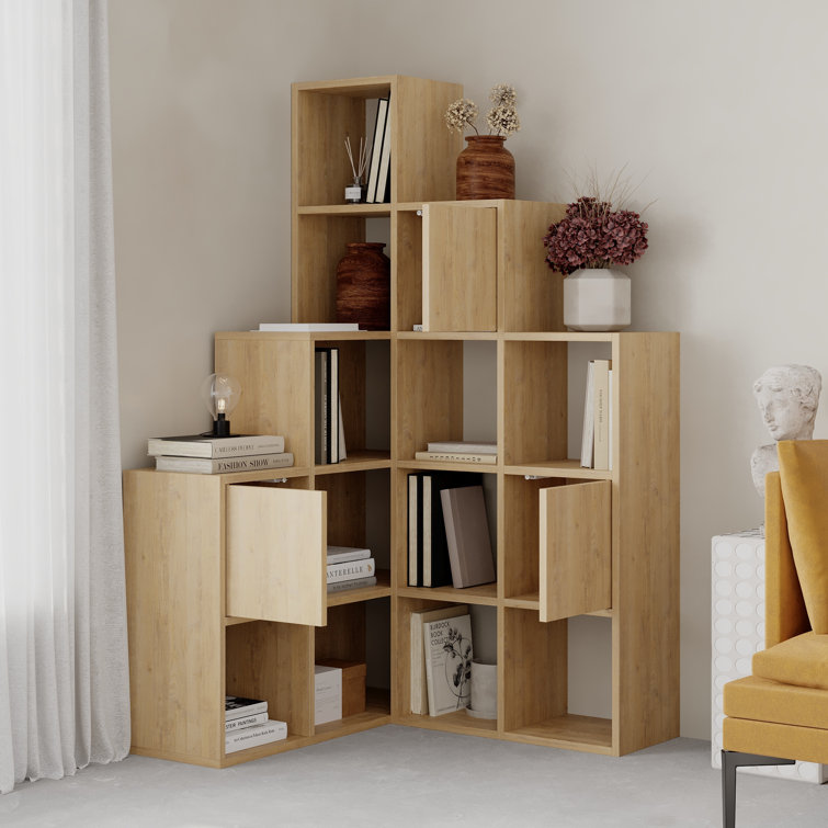 Brayden Studio Anyila Corner Bookcase with Modular Cube Design Open and Concealed Shelves Push to Open Doors Modern Ladder Style Wayfair